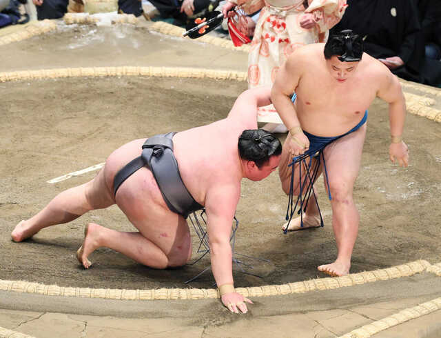 琴栄峰が平幕唯一の無傷4連勝 身長195センチの金峰山をがっぷり四
