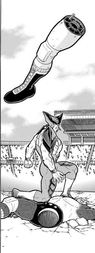 ジャスティスマンの必殺技の衝撃で吹き飛ぶ義足...! だが、テリーマンは技から逃れるために、自ら義足を破壊していた...!?