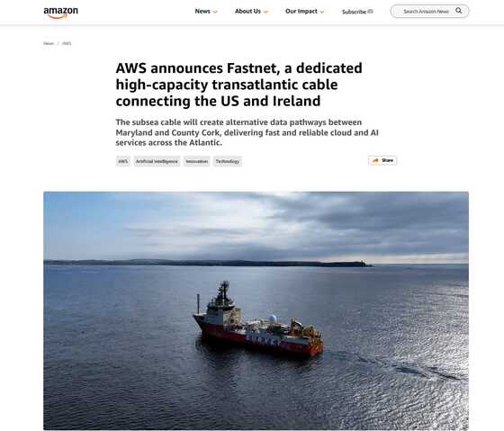 AWSが新しい海底ケーブルシステム「Fastnet」を開発中であると発表、2028年に運用開始予定 - 画像